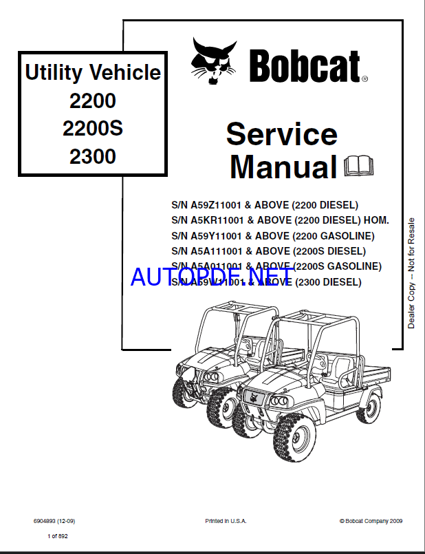 Bobcat 2300 Utility Vehicle Service Manual (6904893) (SN A59W11001-A59W99999)