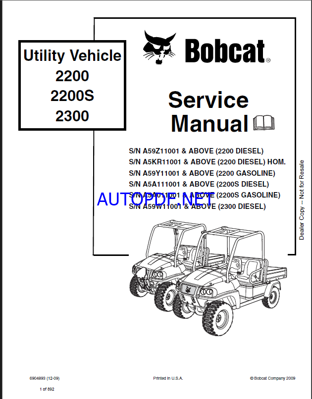 Bobcat 2200 Utility Vehicle Service Manual (6904893) (SN A59Z11001-A59Z99999)