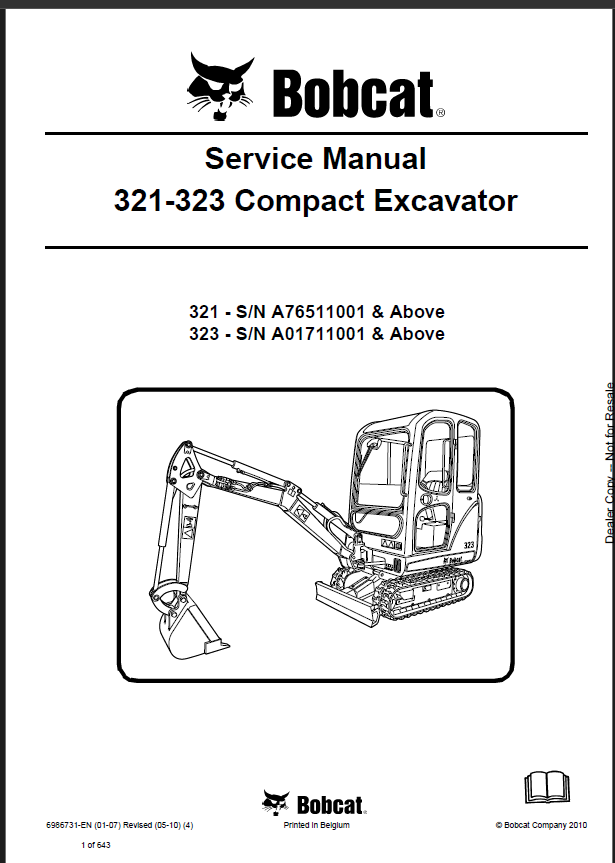 Bobcat 321 Excavator Service Manual (6986731) (SN A76511001-A76599999)