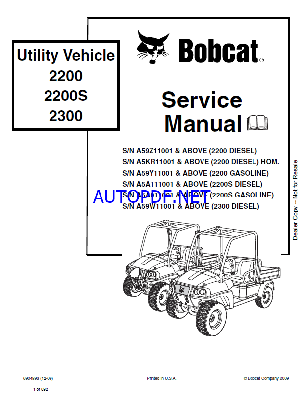 Bobcat 2200 Utility Vehicle Service Manual (6904893) (SN A59Y11001-A59Y99999)