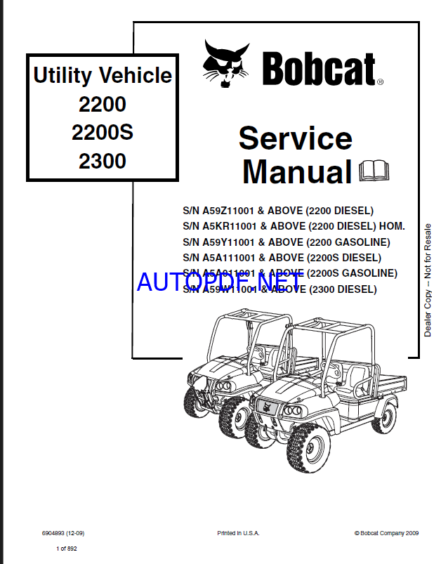 Bobcat 2200 Utility Vehicle Service Manual (6904893) (SN A5KR11001-A5KR99999)
