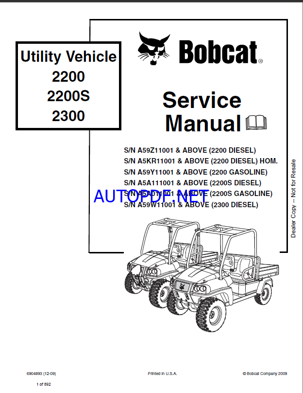 Bobcat 2200 Utility Vehicle Service Manual (6904893) (SN A5A111001-A5A199999)