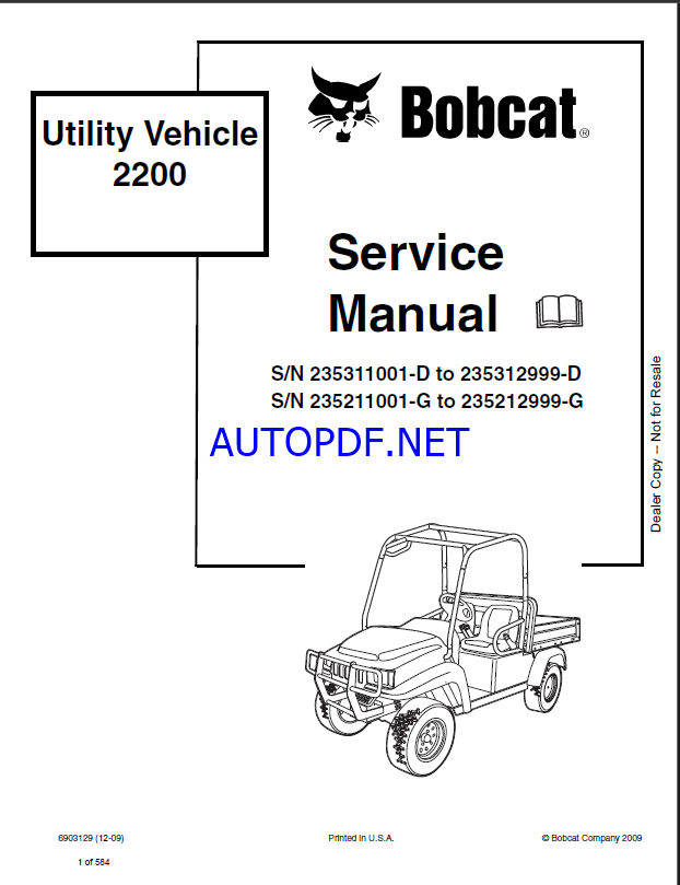 Bobcat 2200 Utility Vehicle Service Manual (6903129) (SN 235311001-235312999)
