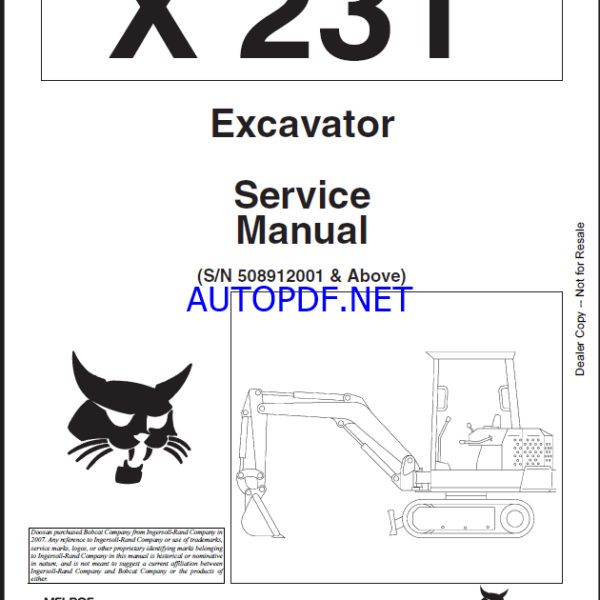 Bobcat 231 Excavator Service Manual (6722178) (SN 508912001-508999999)