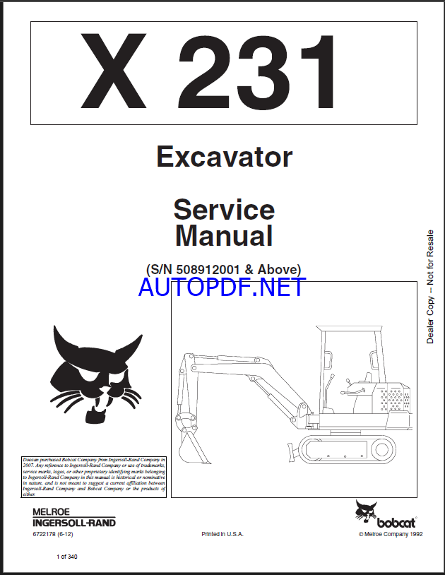 Bobcat 231 Excavator Service Manual (6722178) (SN 508912001-508999999)