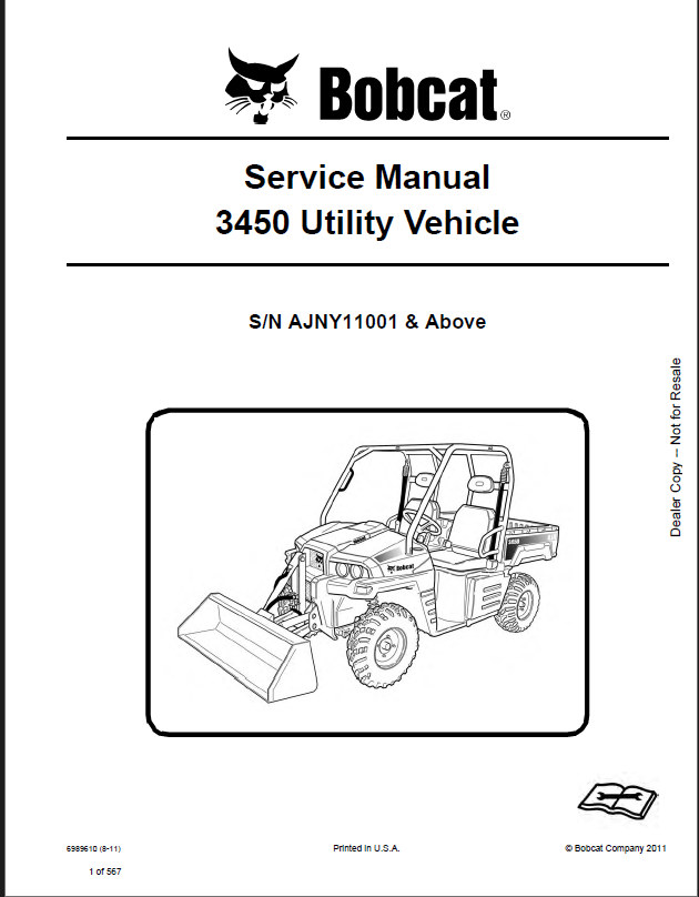 Bobcat 3450 Utility Vehicle Service Manual (6989610) (SN AJNY11001-AJNY99999)