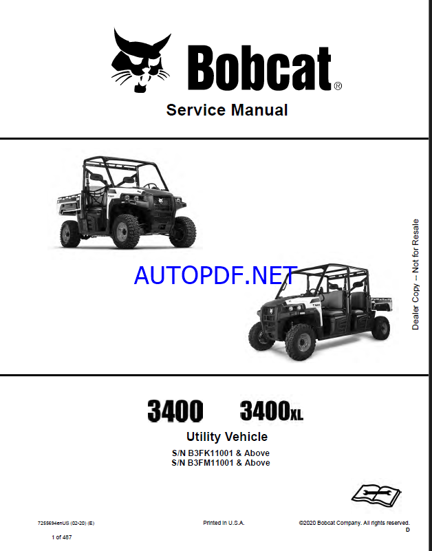 Bobcat 3400XL Utility Vehicle Service Manual (7255694) (SN B3FM17001-B3FM99999)