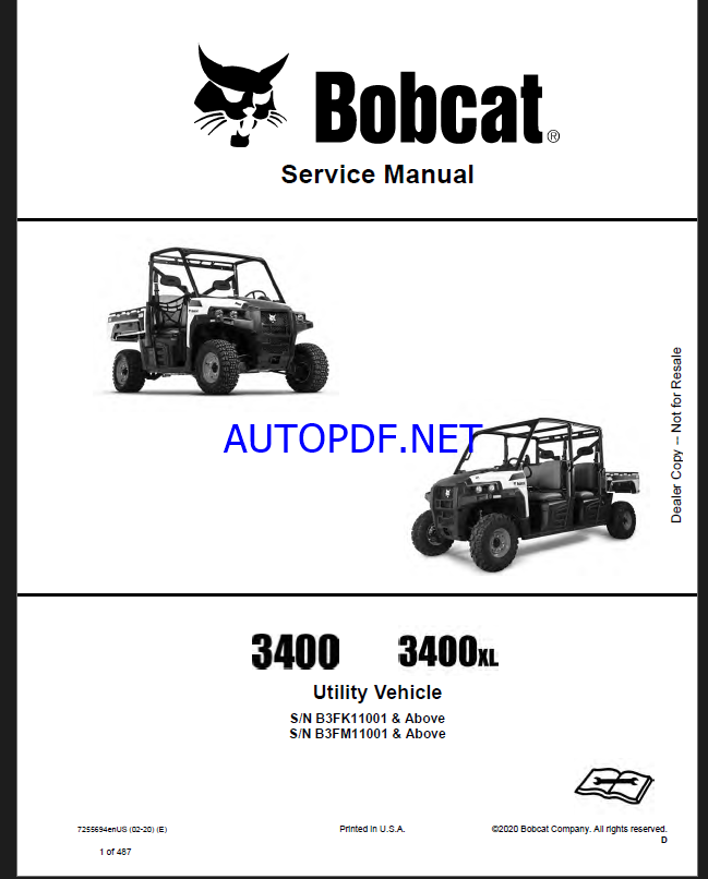 Bobcat 3400XL Utility Vehicle Service Manual (7255694) (SN B3FM11001-B3FM99999)