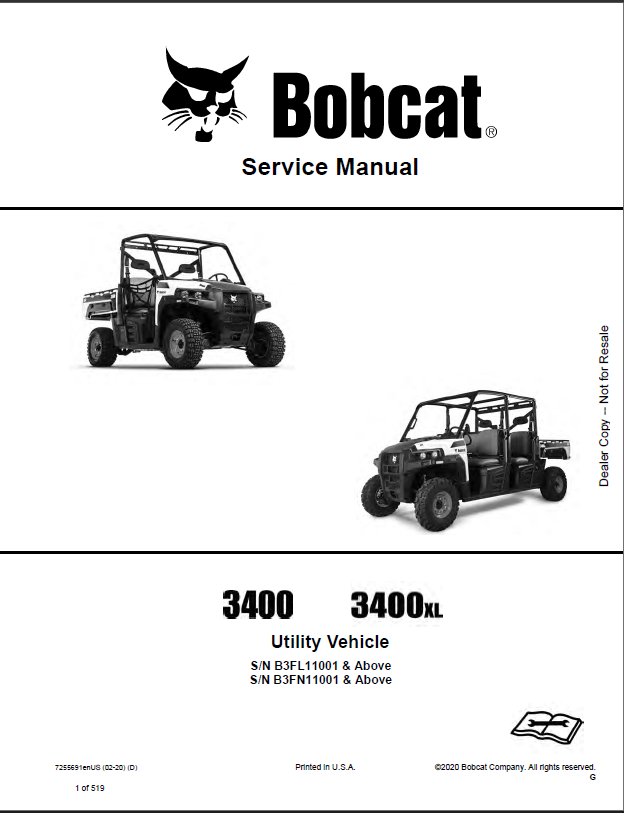 Bobcat 3400XL Utility Vehicle Service Manual (7255691) (SN B3FN17001-B3FN99999)