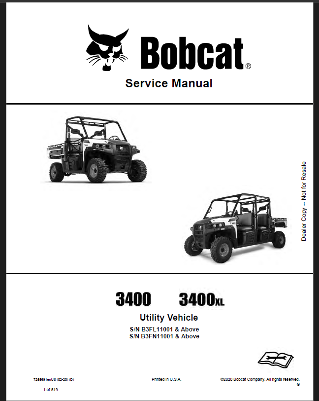 Bobcat 3400 Utility Vehicle Service Manual (7255691) (SN B3FN11001-B3FN99999)
