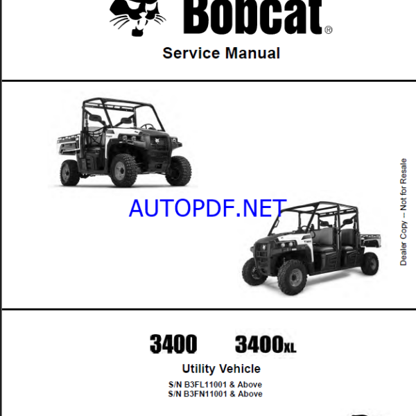 Bobcat 3400 Utility Vehicle Service Manual (7255691) (SN B3FL11001-B3FL99999)