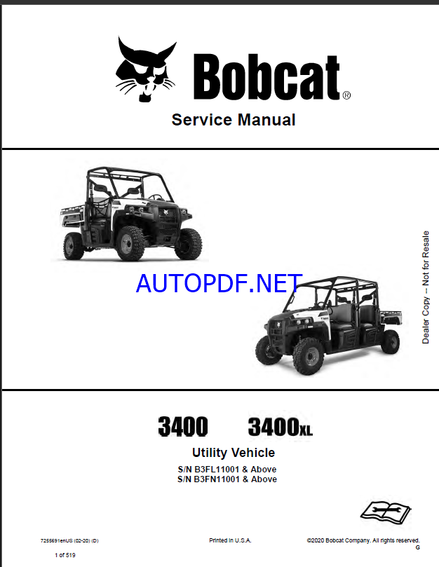 Bobcat 3400 Utility Vehicle Service Manual (7255691) (SN B3FL11001-B3FL99999)