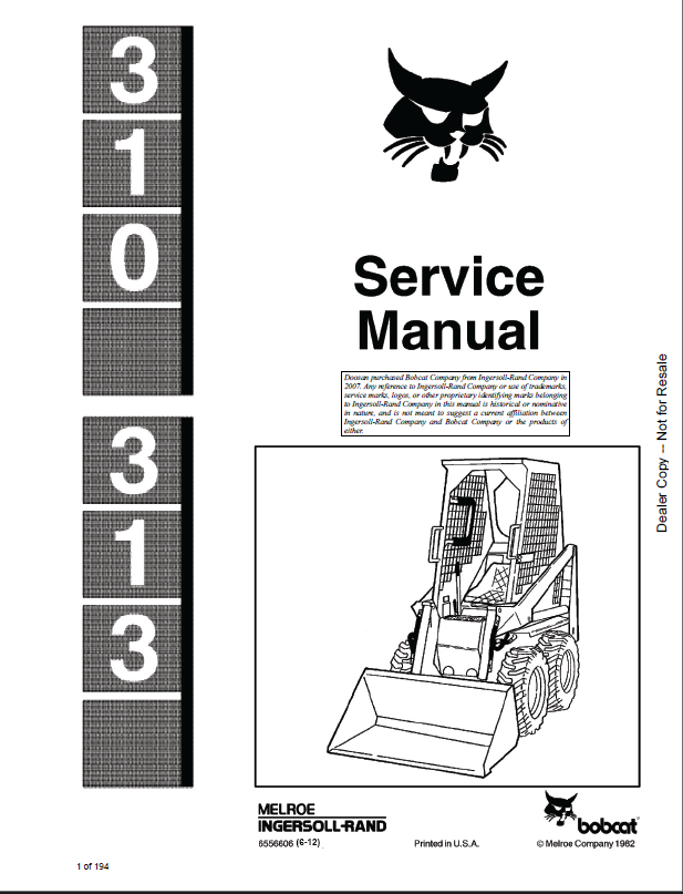 Bobcat 310 Loader Service Manual (6556606) (SN 499611001-499699999)
