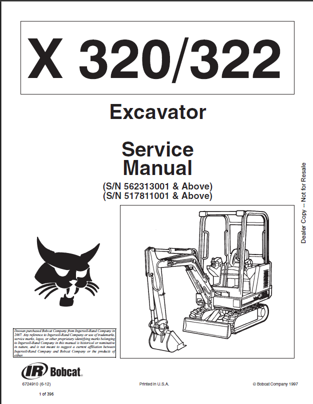 Bobcat 322 Excavator Service Manual (6724910) (SN 517811001-517899999)