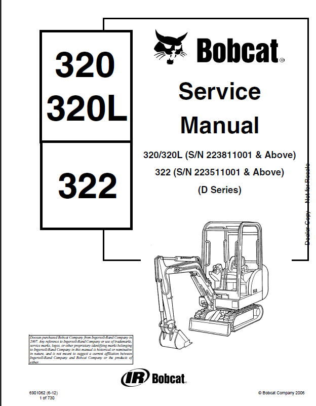 Bobcat 322 Excavator Service Manual (6901062) (SN 223511001-223599999)