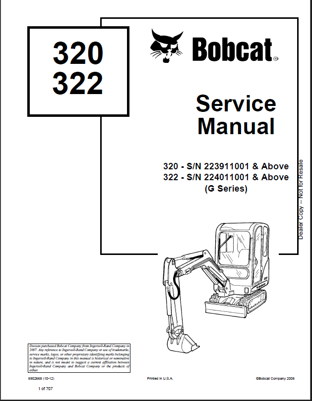 Bobcat 322 Excavator Service Manual (6902668) (SN 224011001-224099999)
