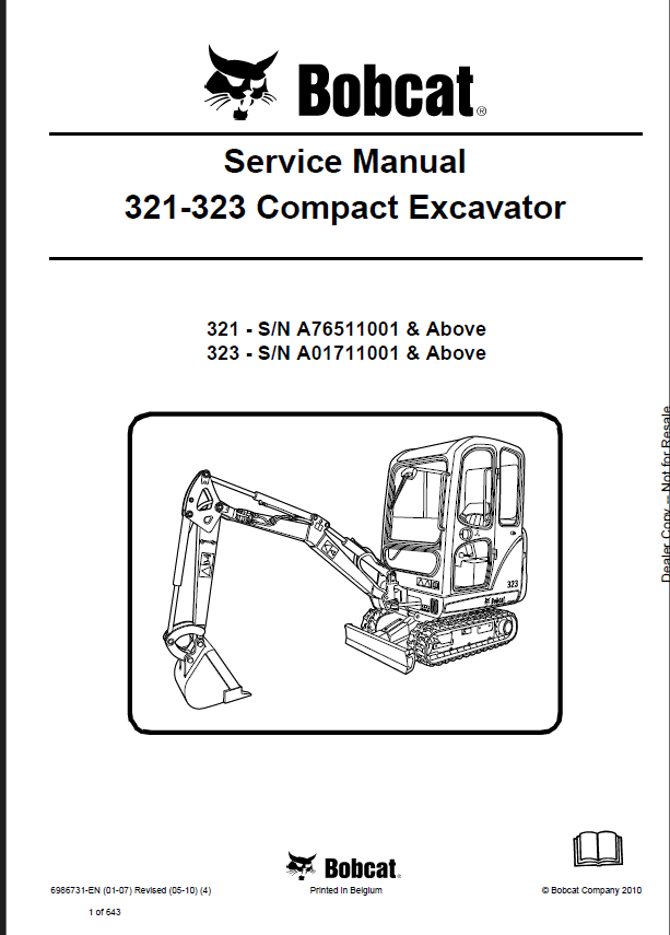 Bobcat 323 Excavator Service Manual (6986731) (SN A01711001-A01799999)