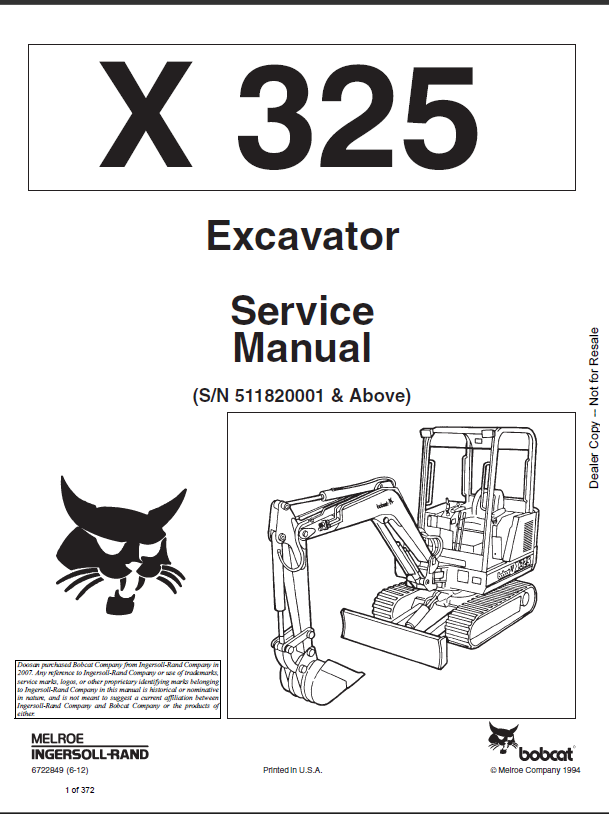 Bobcat 325 Excavator Service Manual (6722849) (SN 511820001-511899999)