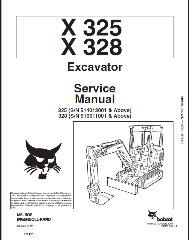 Bobcat 325 Excavator Service Manual (6900462) (SN 514013001-514099999)