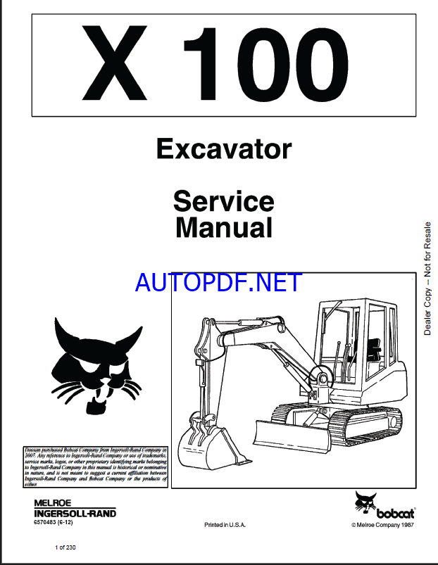 Bobcat 100 Excavator Service Manual (6570483) (SN 504911001-504911999)