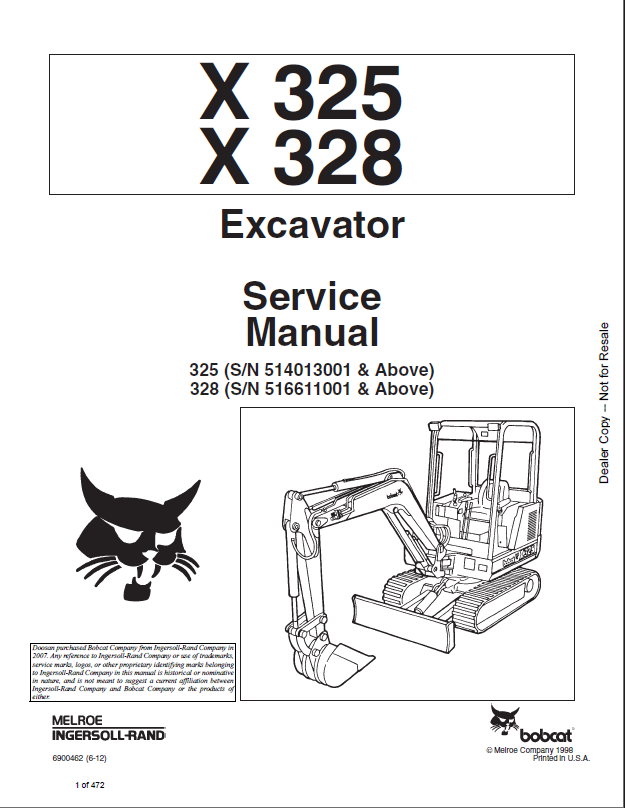 Bobcat 328 Excavator Service Manual (6900462) (SN 516611001-516699999)