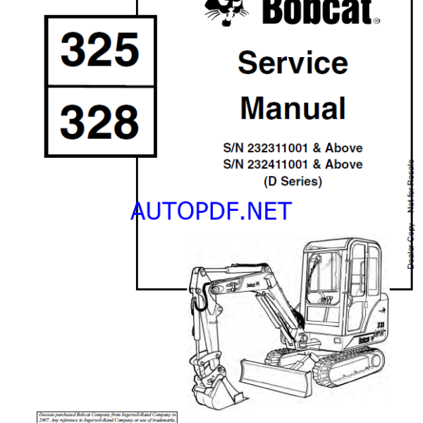 Bobcat 328 Excavator Service Manual (6901138) (SN 232411001-232499999)