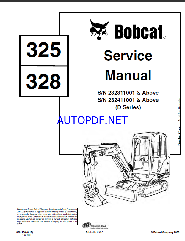 Bobcat 328 Excavator Service Manual (6901138) (SN 232411001-232499999)