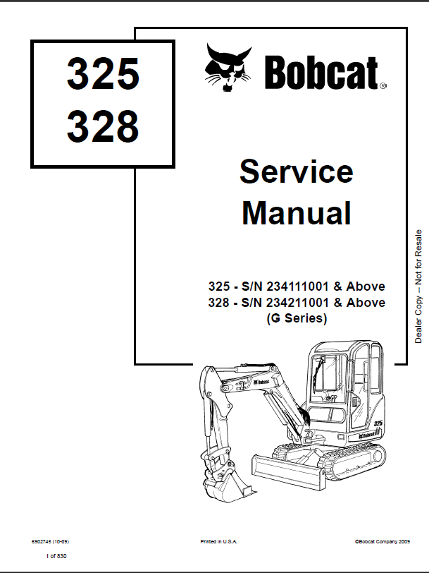 Bobcat 328 Excavator Service Manual (6902745) (SN 234211001-234299999)