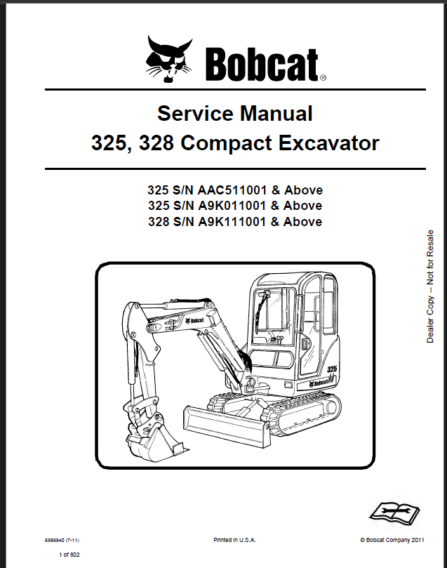 Bobcat 328 Excavator Service Manual (6986940) (SN A9K111001-A9K199999)