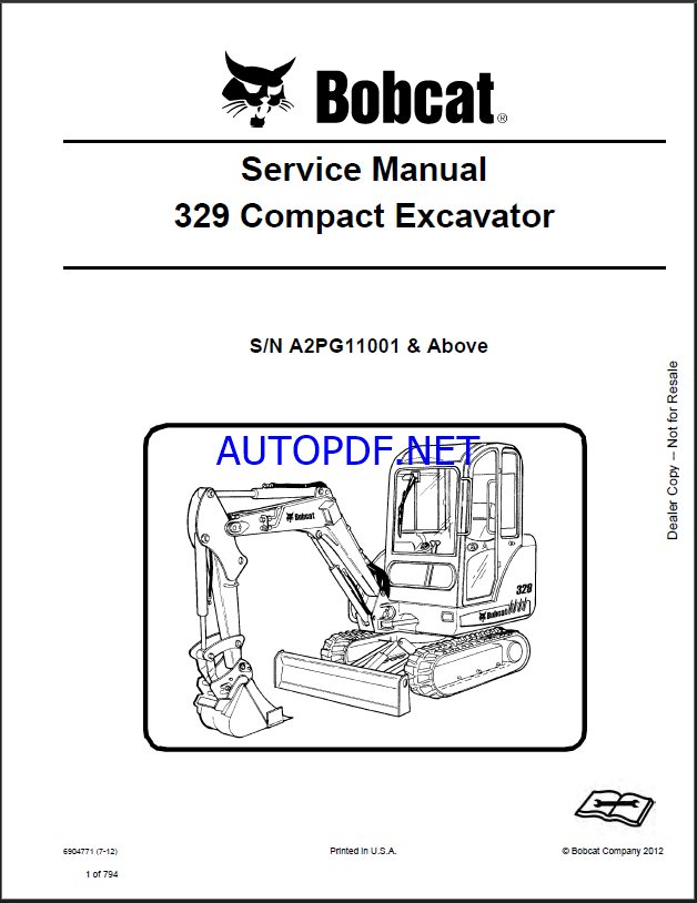 Bobcat 329 Excavator Service Manual (6904771) (SN A2PG11001-A2PG99999)