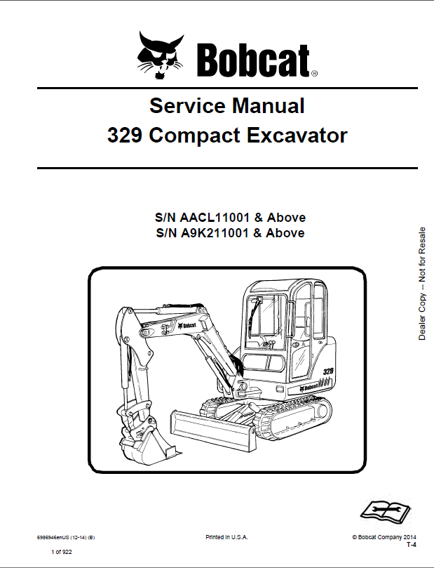Bobcat 329 Excavator Service Manual (6986946) (SN A9K211001-A9K299999)