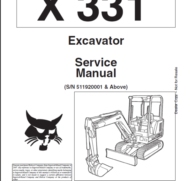 Bobcat 331 Excavator Service Manual (6722918) (SN 511920001-511999999)