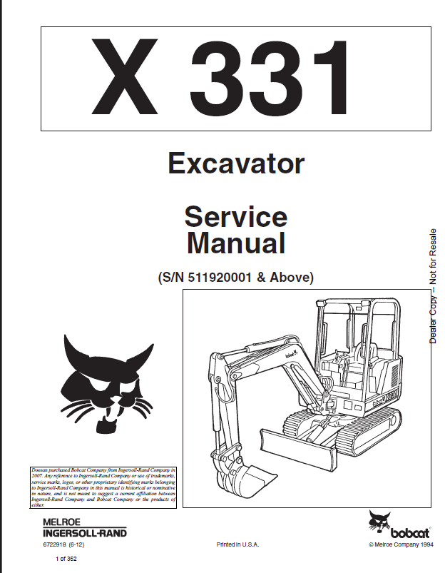 Bobcat 331 Excavator Service Manual (6722918) (SN 511920001-511999999)