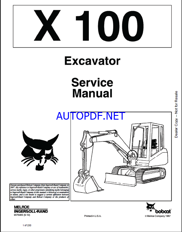 Bobcat 100 Excavator Service Manual (6570483) (SN 504912001-504999999)
