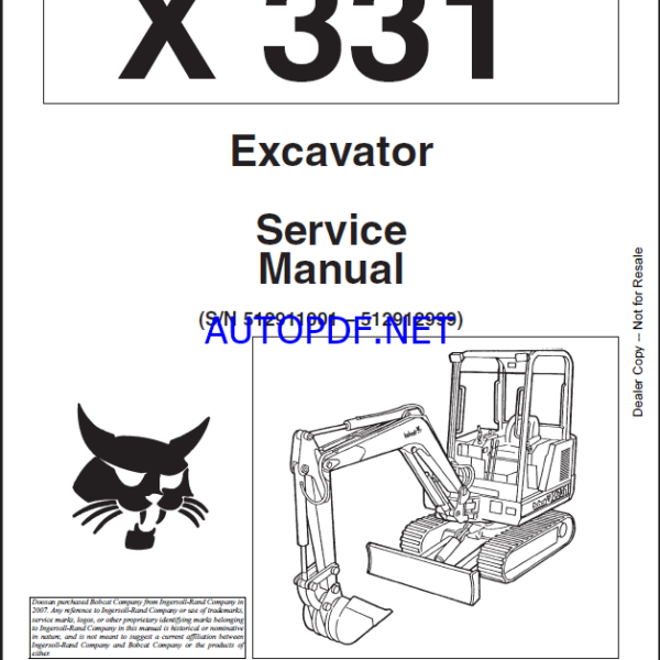 Bobcat 331 Excavator Service Manual (6724222) (SN 512911001-512912999)