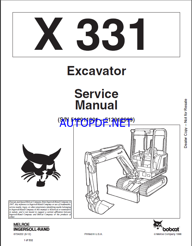 Bobcat 331 Excavator Service Manual (6724222) (SN 512911001-512912999)