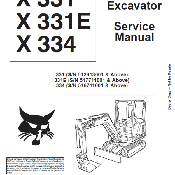 Bobcat 331 Excavator Service Manual (6900464) (SN 512913001-512999999)