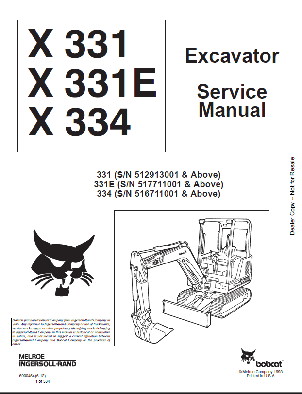 Bobcat 331 Excavator Service Manual (6900464) (SN 512913001-512999999)