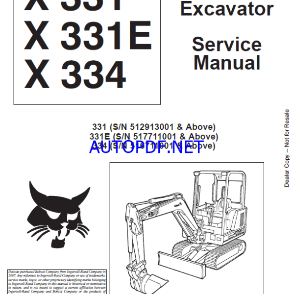 Bobcat 331 Excavator Service Manual (6900464) (SN 517711001-517799999)