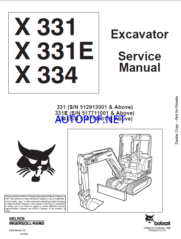 Bobcat 331 Excavator Service Manual (6900464) (SN 517711001-517799999)