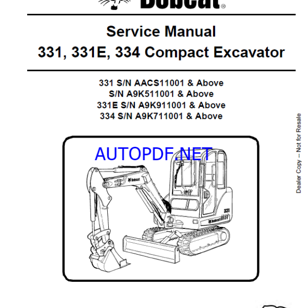Bobcat 331 Excavator Service Manual (6986943) (SN AACS11001-AACS99999)