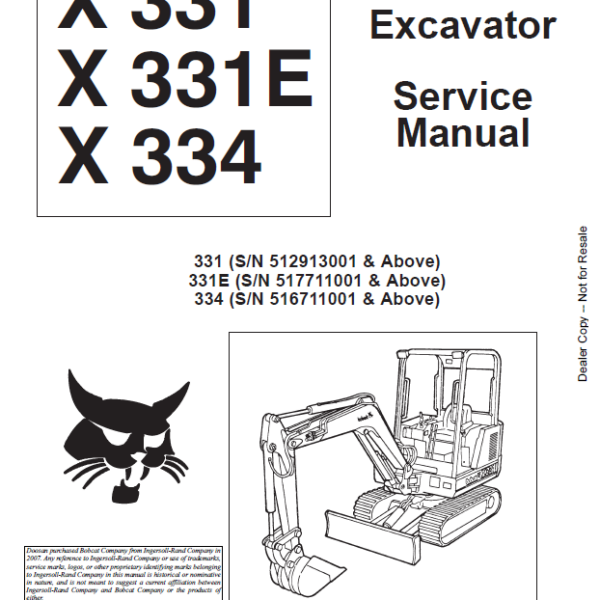 Bobcat 334 Excavator Service Manual (6900464) (SN 516711001-516799999)