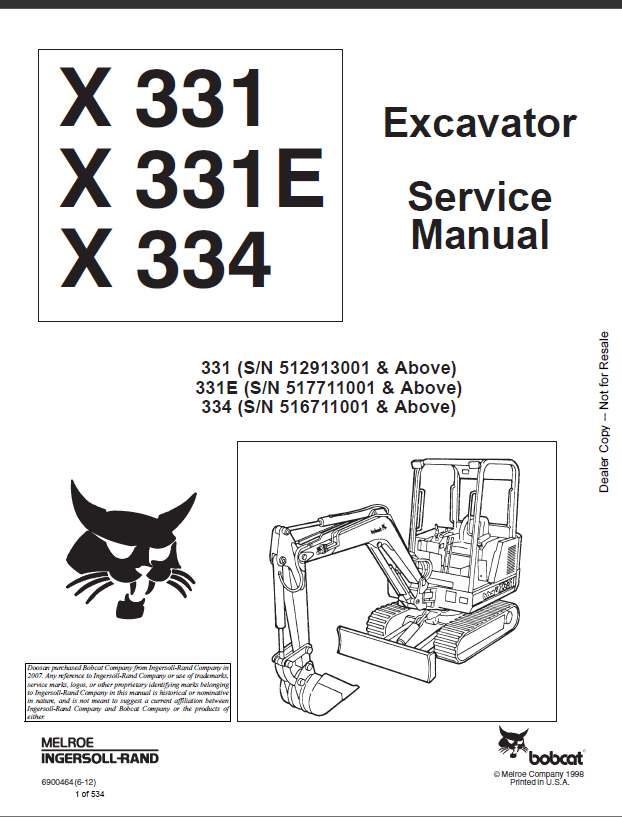 Bobcat 334 Excavator Service Manual (6900464) (SN 516711001-516799999)