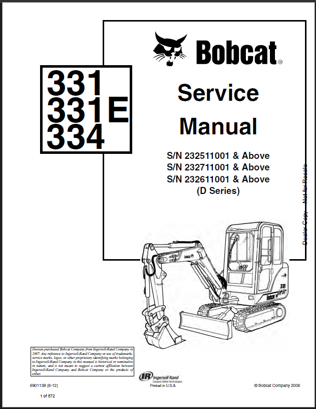 Bobcat 334 Excavator Service Manual (6901139) (SN 232611001-232699999)