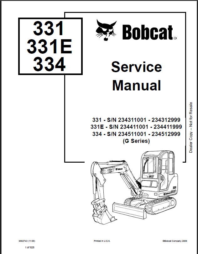 Bobcat 334 Excavator Service Manual (6902743) (SN 234511001-234512999)
