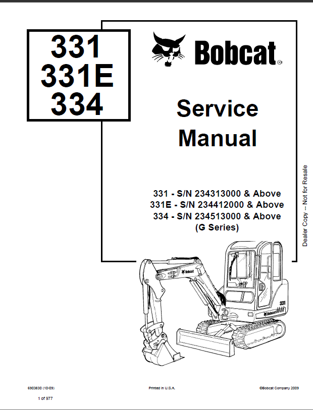Bobcat 334 Excavator Service Manual (6903830) (SN 234513000-234599999)