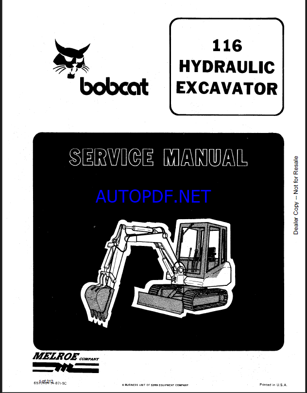 Bobcat 116 Excavator Service Manual (6570484) (SN 505011001-505011999)