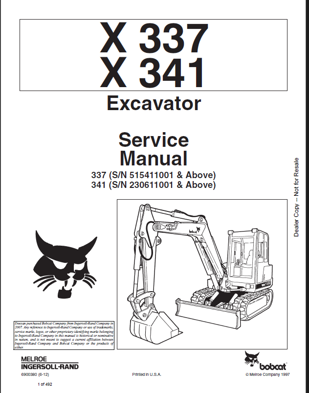 Bobcat 337 Excavator Service Manual (6900380) (SN 515411001-515499999)
