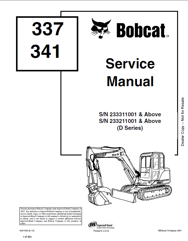 Bobcat 337 Excavator Service Manual (6901080) (SN 233311001-233399999)