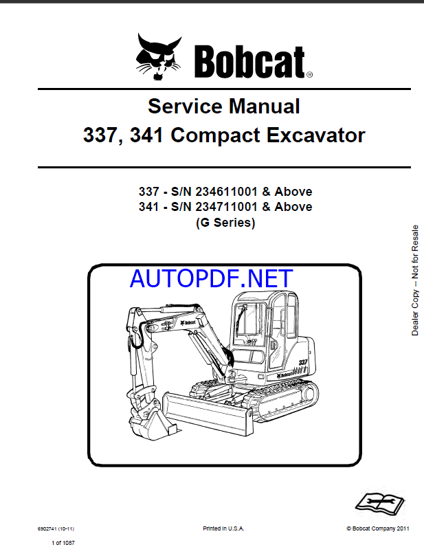 Bobcat 337 Excavator Service Manual (6902741) (SN 234611001-234699999)